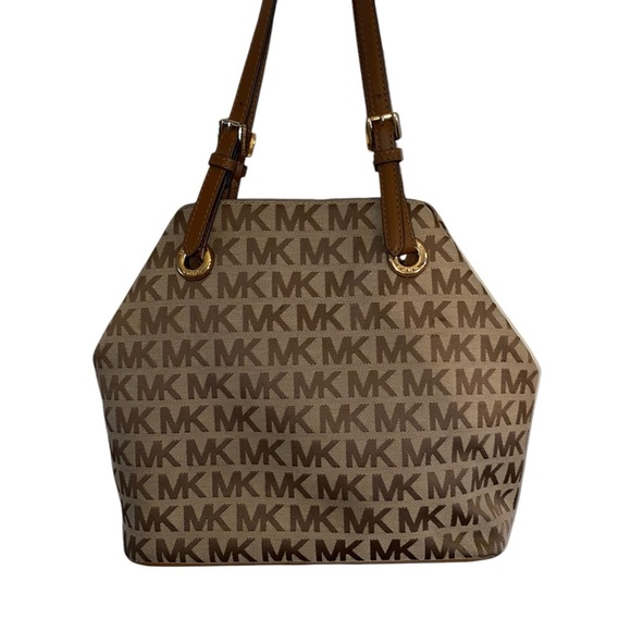 Michael Kors Jet Set brown & tan canvas Logo Tote Handbag satchel shoulder Purse - Picture 6 of 16